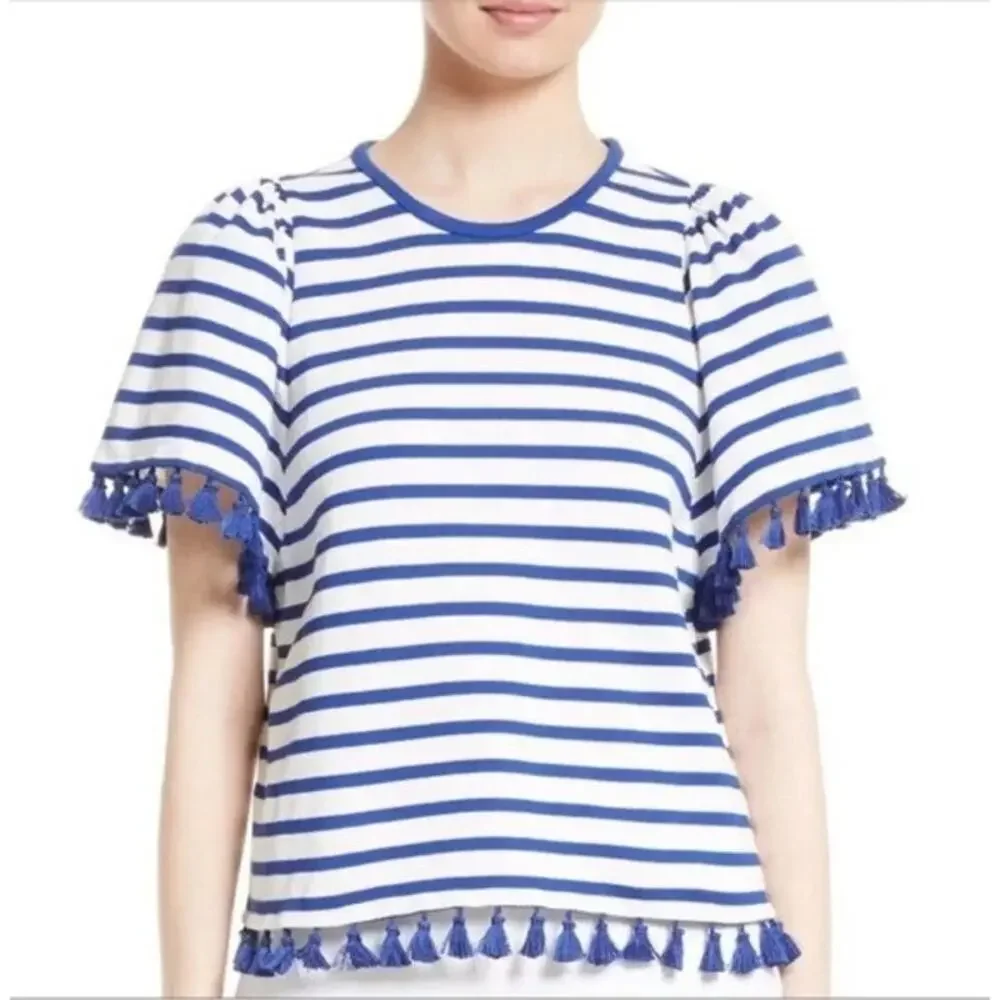 Kate Spade Broome Street Flutter Sleeve Top Tassels‎ Striped | Blue White | SZ L